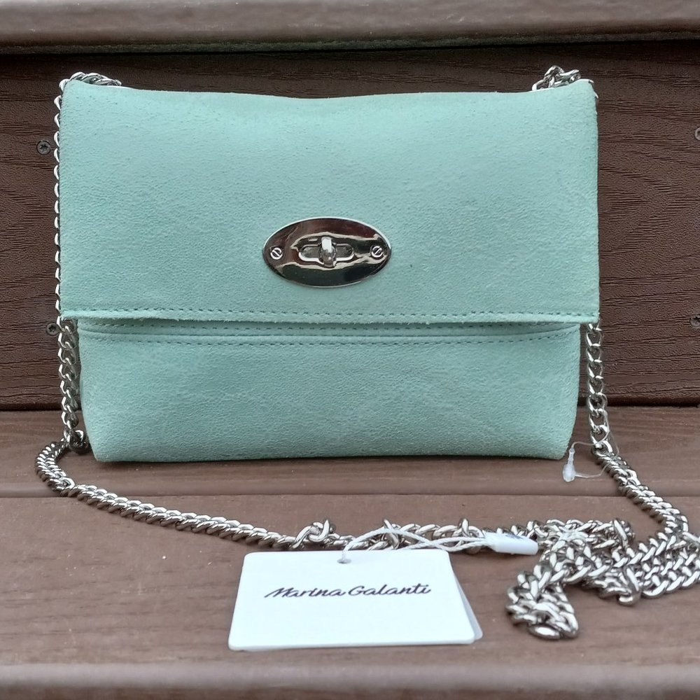 NWT Marina Galante Viva Pelle Light Green Leather Crossbody Purse Chain Strap